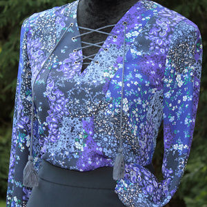 Tahari Floral Tie-Neck Indigo Peasant Blouse S/P